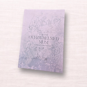 May include: A planner with a lavender cover, featuring the text "FOR THE OVERWHELMED MUM" and "A Mental Load Planner". The cover design includes line drawings of hands, a woman, and baby-related items.