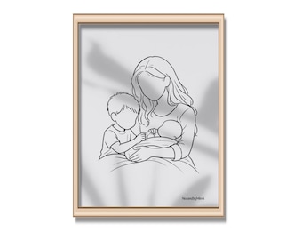 Stampa artistica "Madre e due figli" / Quadro minimalista sulla maternità / Stampa per mamma di due bambini / Decorazione neutra per la cameretta / Quadro per la famiglia