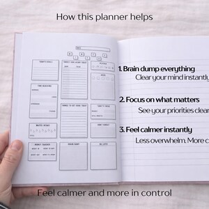 May include: Open planner with a pink cover, showing a detailed layout for daily planning. The left page has sections for goals, time blocking, and water intake. The right page lists benefits: Brain dump, focus on what matters, and feel calmer.