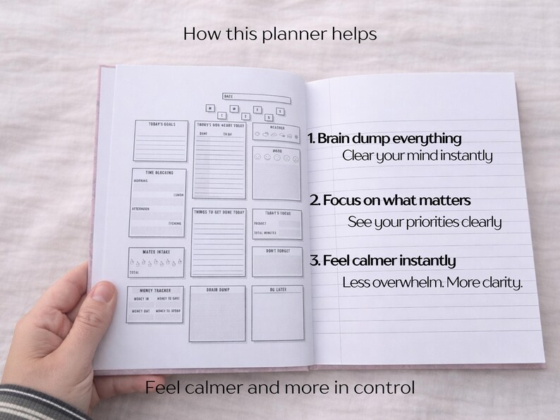 May include: Open planner with a pink cover, showing a detailed layout for daily planning. The left page has sections for goals, time blocking, and water intake. The right page lists benefits: Brain dump, focus on what matters, and feel calmer.