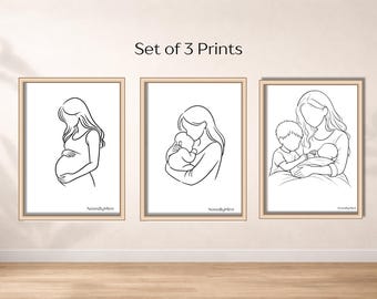 Stampe minimaliste a linee sulla maternità (set di 3) / Quadri per la gravidanza, la mamma e il bambino / Decorazioni neutre per la famiglia / Regalo moderno per la mamma
