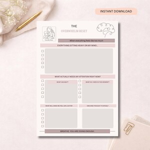 May include: A printable planner titled "The Overwhelm Reset" with prompts to manage stress. The design features a soft color palette with a mother and child illustration and the words "Instant Download".