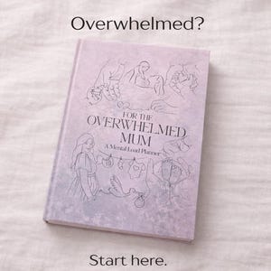 Puede incluir: Un libro de color lila titulado "For the Overwhelmed Mum: A Mental Load Planner" con ilustraciones lineales. La portada presenta el texto "Overwhelmed?" encima del título y "Start here." debajo.