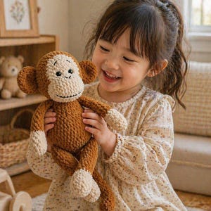 May include: A crocheted monkey doll in shades of brown and cream is held by a smiling child. The handmade toy features a detailed face, arms, and legs. The child is wearing a floral dress.
