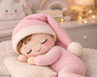 Patrón de crochet amigurumi: Muñeca bebé durmiendo en pijama (Patrón PDF)
