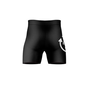 May include: Black compression shorts with a white graphic on the right leg. The shorts are made of a smooth, shiny material and have a high waistband. The white graphic is a stylized arrow and number.