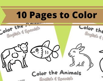Desenhos de animais para colorir em inglês e espanhol para crianças pequenas (download digital) - 10 páginas, 20 animais