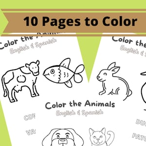 English-Spanish Animal Coloring pages-for Toddlers or Young Children-Animal names in English & Spanish,printable, digital downloads