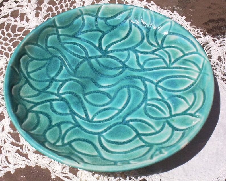 Beautiful Hand Carved Glazed Porcelain Pottery Plate-Turquoise