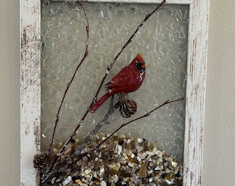 Crushed glass and shell with resin and cardinal embellishment
