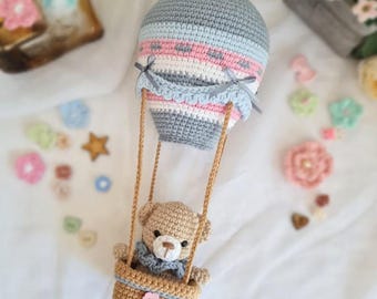 Blauer Heißluftballon mit Babyspieluhr, handgemachter Heißluftballon, Amigurumi, Plüschtier, Häkelgeschenk