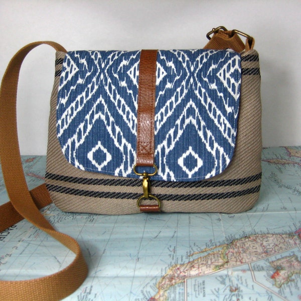 Derby -- crossbody messenger bag // adjustable strap// ikat chevron diamond print // vegan