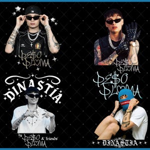 Könnte beinhalten: Digitaler Download-Grafik mit vier Bildern einer Person, die eine Sonnenbrille und Schmuck trägt. Die Bilder enthalten den Text "DIGITAL DOWNLOAD", "PESO PLOMA" und "DINASTIA". Der Hintergrund ist schwarz mit einem Rautenmuster.