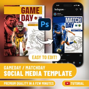May include: A digital social media template design, showcasing a football player and a soccer player. The template includes the text "GAME DAY" and "MATCH DAY", with the words "EASY TO EDIT!" and "PREMIUM QUALITY IN A FEW MINUTES".