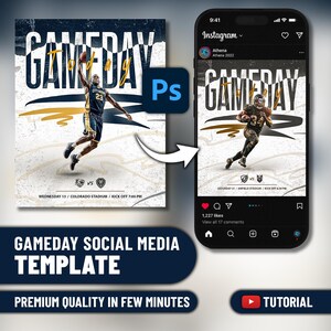 Puede incluir: Una plantilla de redes sociales para eventos del día del partido. El diseño presenta a un jugador de fútbol americano y a un jugador de baloncesto en acción, con la palabra "GAMEDAY" en letras grandes. La plantilla es para Instagram e incluye el texto "PREMIUM QUALITY IN FEW MINUTES".