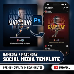 Puede incluir: Un diseño de plantilla de redes sociales para un partido deportivo, con un jugador de fútbol pateando un balón y un jugador de fútbol americano corriendo. El diseño incluye las palabras "Match Day" y "Game Day", con el texto "Premium Quality in Few Minutes" y un botón de tutorial de YouTube.