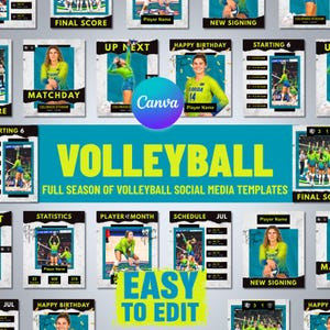 May include: A collection of digital volleyball social media templates featuring various layouts for matchdays, player profiles, statistics, and schedules. The designs incorporate teal and black accents with bold yellow text, showcasing action shots of athletes.
