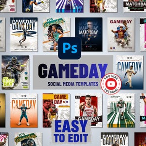 May include: A collection of digital social media templates for sports gameday announcements. The layout features various athletic imagery, bold typography reading GAMEDAY, and a central Adobe Photoshop icon. A circular red and white YouTube tutorial badge is visible.