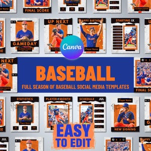Puede incluir: Una colección de plantillas de redes sociales de béisbol con esquemas de color naranja y negro, fotografías de jugadores y elementos de texto como Gameday, Up Next, Happy Birthday, Starting IX, Statistics, Player of the Month, Schedule y New Signing.