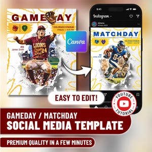 Puede incluir: Una plantilla digital para redes sociales de eventos deportivos con dos diseños gráficos. El lado izquierdo muestra un jugador de béisbol con el texto GAMEDAY, mientras que el derecho muestra un jugador de fútbol americano con el texto MATCHDAY.