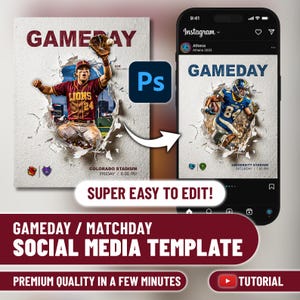 May include: A social media template for matchday events. The design features a baseball player and a football player, with the text "GAMEDAY" in large letters. The template is easy to edit and of premium quality.