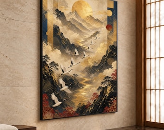 Japanese Crane Wall Art Print, Serene Mountain Landscape Canvas Print, Asian Home Decor for Tranquil Spaces, japanese wall art