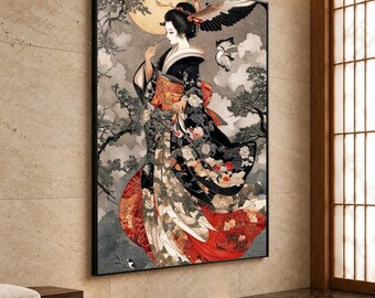 Elegant Japanese Woman Canvas Print, Vintage Kimono Art for Home Decor, Beautiful Wall Art for Living Room or Bedroom, japanese art