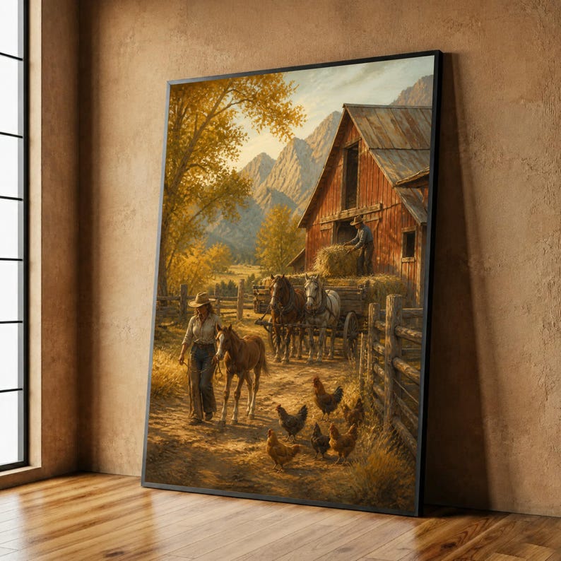 Rustic Farm Scene Canvas Print, Autumn Barn Art with Horses and Chickens, Cozy Country Wall Decor for Home or Office, farm wall art image 1