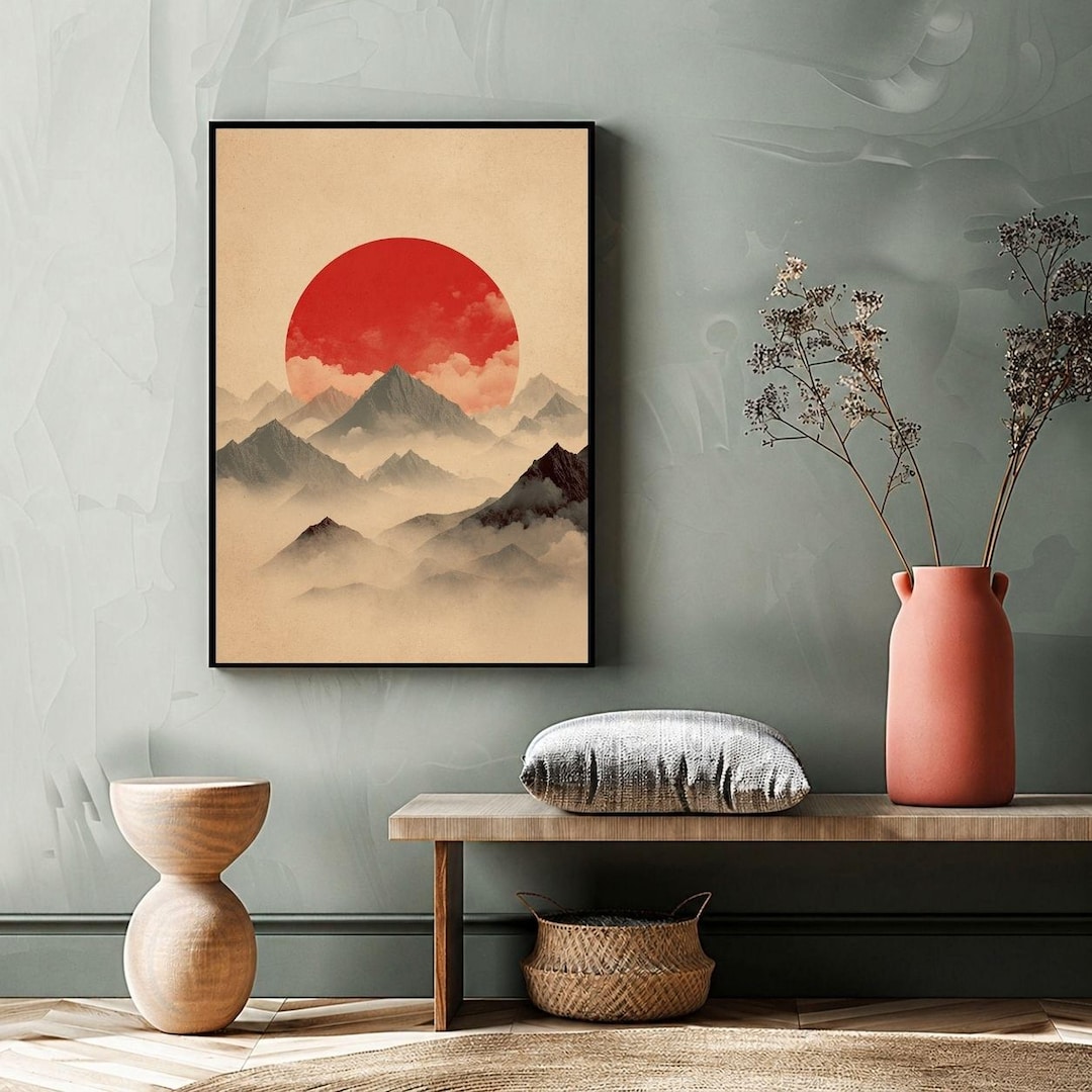 Japanese Style Mountain Wall Art Print, Red Sun Minimal Landscape Decor ...