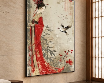 Könnte beinhalten: Ein gerahmter Wandkunstdruck, der eine Person in einem langen roten und beigen Gewand mit einem aufwendigen Haarschmuck zeigt. Die Illustration enthält einen fliegenden Vogel, Bambuszweige, rote Blumen und vertikalen roten Text.