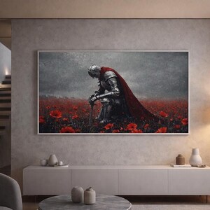 a large painting of a knight in armor standing in a field of red flowers, with a dramatic expression on his face.