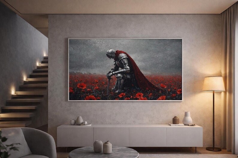 a large painting of a knight in armor standing in a field of red flowers, with a dramatic expression on his face.