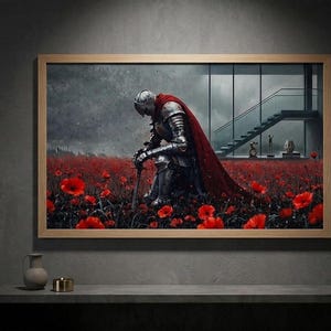 a knight in shining armor kneeling in a field of red flowers, with a staircase visible in the background.