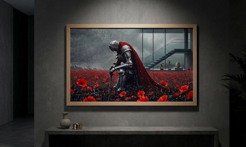 a knight in shining armor kneeling in a field of red flowers, with a staircase visible in the background.