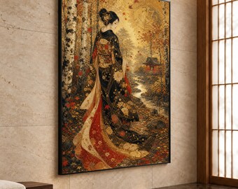 Japanese Kimono Woman Canvas Print, Autumn Scene Wall Art, Elegant Asian Decor for Home, Nature- Art
