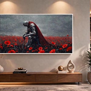 a large painting of a knight in armor standing in a field of red flowers, with a dramatic expression on his face.