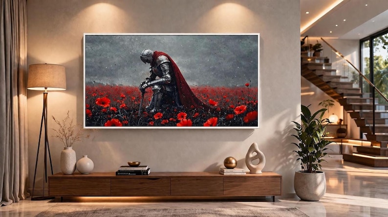 a large painting of a knight in armor standing in a field of red flowers, with a dramatic expression on his face.
