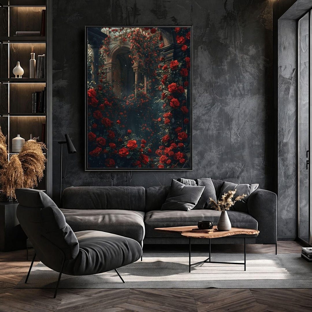 Gothic Red Rose Wall Art, Dark Floral Castle Canvas Print, Moody ...