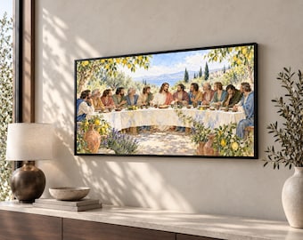 Könnte beinhalten: Ein rechteckiger gerahmter Wandkunstdruck, der das Abendmahl mit Jesus und seinen Jüngern an einem langen, mit einer weißen Tischdecke bedeckten Tisch zeigt, im Freien unter Zitronenbäumen mit einer Landschaft im Hintergrund.