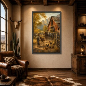 Rustic Farm Scene Canvas Print, Autumn Barn Art with Horses and Chickens, Cozy Country Wall Decor for Home or Office, farm wall art Black Frame