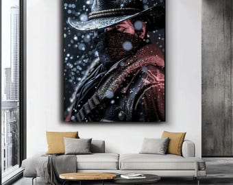 Póster enmascarado de Arthur Morgan, arte mural cinematográfico de primer plano de vaquero de invierno de RDR2