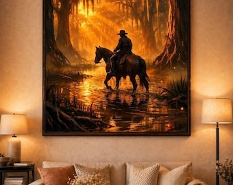 Póster de Arthur Morgan en el pantano, arte mural western de RDR2 Cowboy Golden Light
