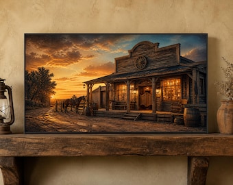 May include: A rectangular wall art print depicting a wooden western saloon building at sunset. The scene features a horse standing near a dirt path, a porch with a rocking chair, and barrels. The sky is filled with orange and blue clouds.