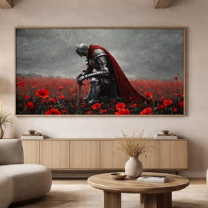 a large painting of a knight in armor standing in a field of red poppies, with a dramatic and dramatic background.