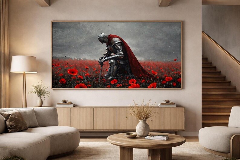 a large painting of a knight in armor standing in a field of red poppies, with a dramatic and dramatic background.