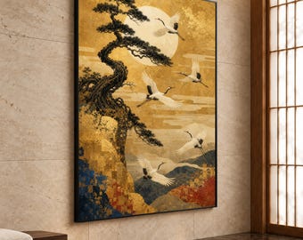 Japanese Crane Canvas Print, Elegant Wall Art Featuring Cranes and Pine Tree, Asian Nature Decor for Living Room, japanese art