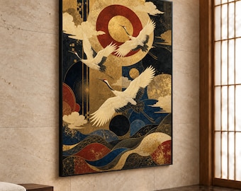 Elegant Asian Crane Canvas Print, Gold and Blue Wall Art for Japanese- Home Decor, Perfect for Living Room or Office, asian wall art