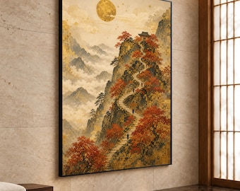Japanese Mountain Path Canvas Print, Autumn Colors, Serene Landscape Wall Art for Tranquil Home Décor