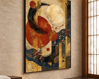 Könnte beinhalten: Ein rechteckiges Wandbild mit einem großen roten Kreis, einem blassgelben Mond und fließenden blauen Wellen. Die Komposition enthält schwarze Pinselstrichakzente, Blattgoldtexturen und zarte Kirschblütenzweige.