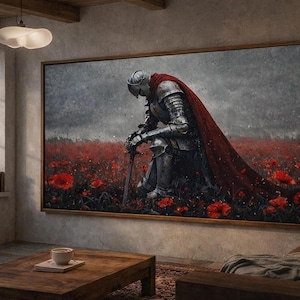 A large painting of a knight in armor, holding a sword and standing in a field of red flowers, is displayed on the wall of a living room.
